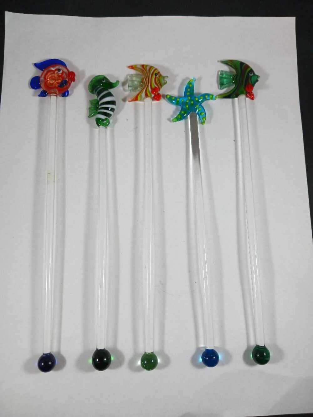 5pcs Vintage Murano Style Tropical Sea Life Glass Cocktail Swizzle Sticks